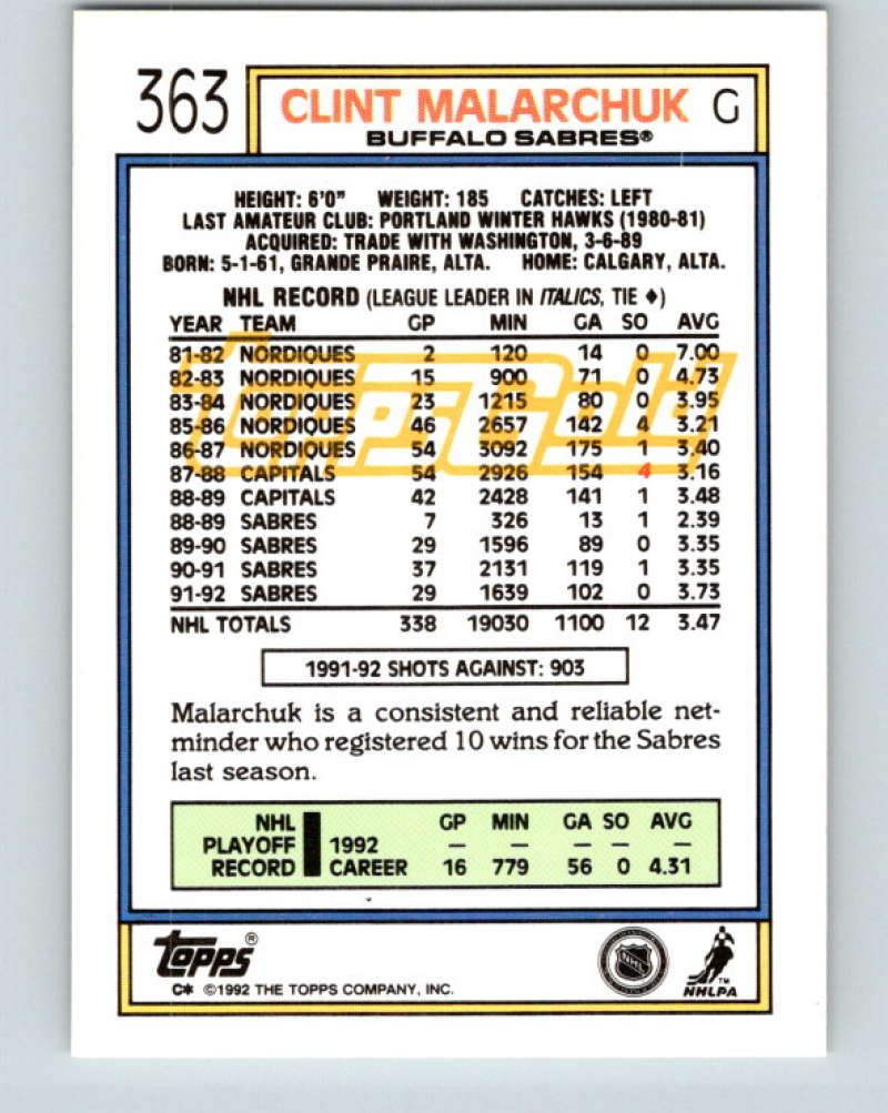 1992-93 Topps Gold #363G Clint Malarchuk Mint Buffalo Sabres