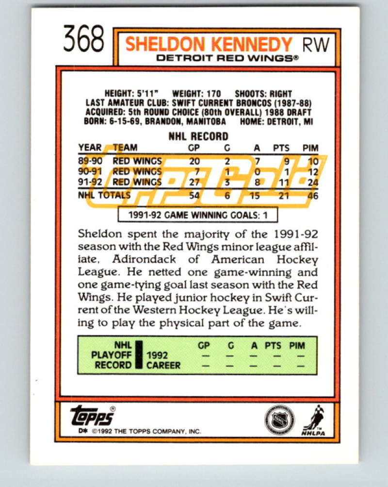 1992-93 Topps Gold #368G Sheldon Kennedy Mint Detroit Red Wings  Image 2