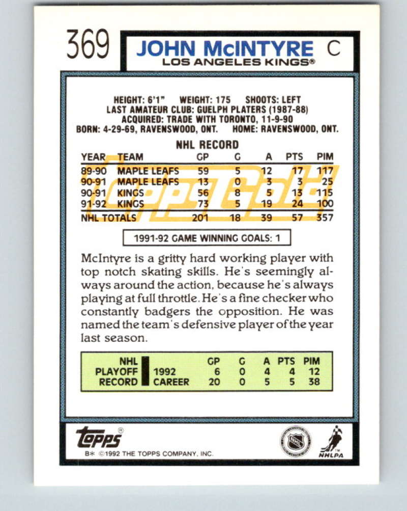 1992-93 Topps Gold #369G John McIntyre Mint Los Angeles Kings  Image 2