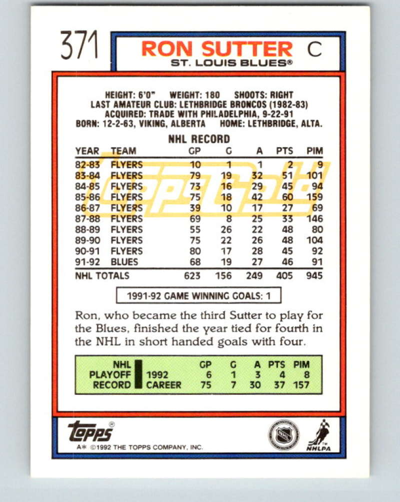 1992-93 Topps Gold #371G Ron Sutter Mint St. Louis Blues