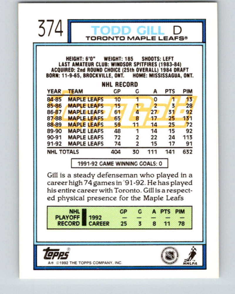 1992-93 Topps Gold #374G Todd Gill Mint Toronto Maple Leafs