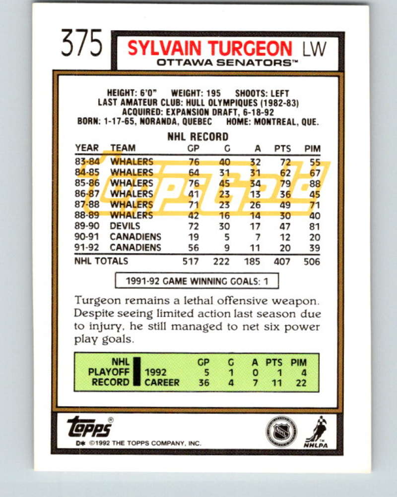 1992-93 Topps Gold #375G Sylvain Turgeon Mint Ottawa Senators  Image 2