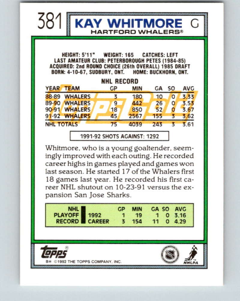 1992-93 Topps Gold #381G Kay Whitmore Mint Hartford Whalers