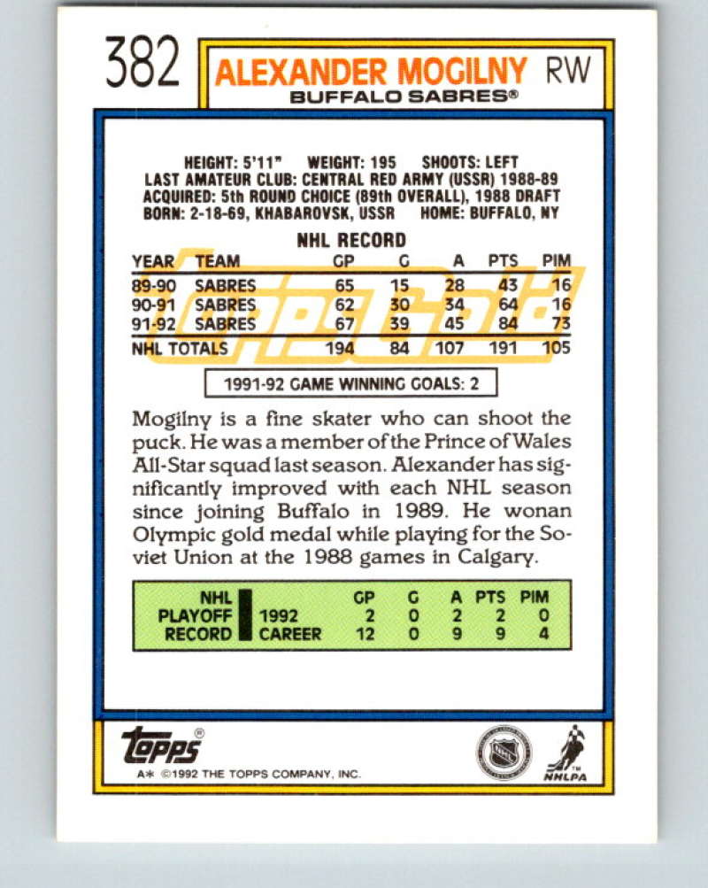1992-93 Topps Gold #382G Alexander Mogilny Mint Buffalo Sabres