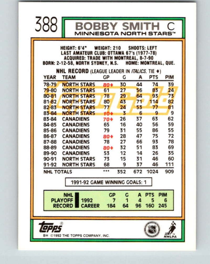 1992-93 Topps Gold #388G Bobby Smith Mint Minnesota North Stars  Image 2