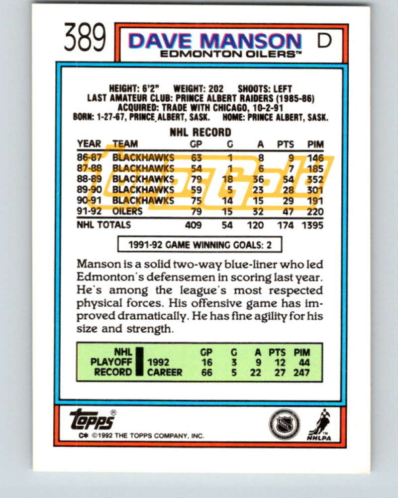 1992-93 Topps Gold #389G Dave Manson Mint Edmonton Oilers  Image 2