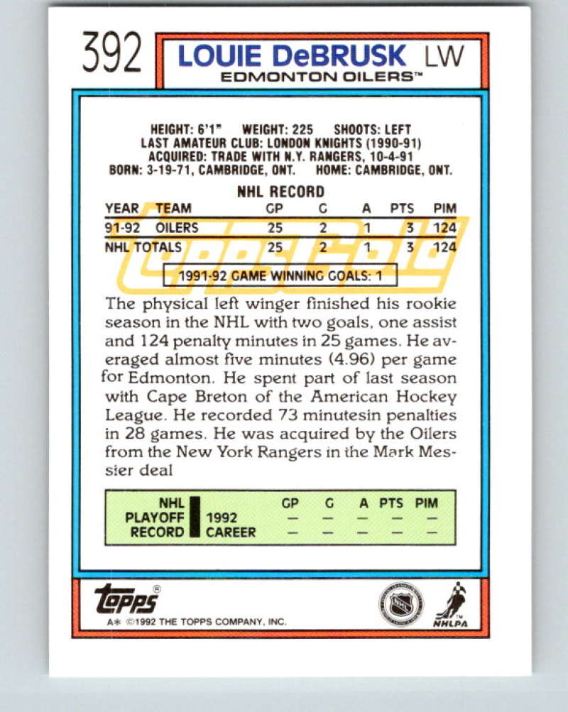 1992-93 Topps Gold #392G Louie DeBrusk Mint Edmonton Oilers