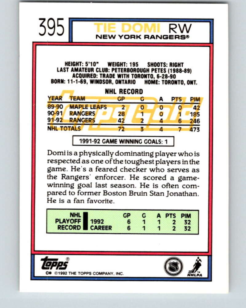 1992-93 Topps Gold #395G Tie Domi Mint New York Rangers