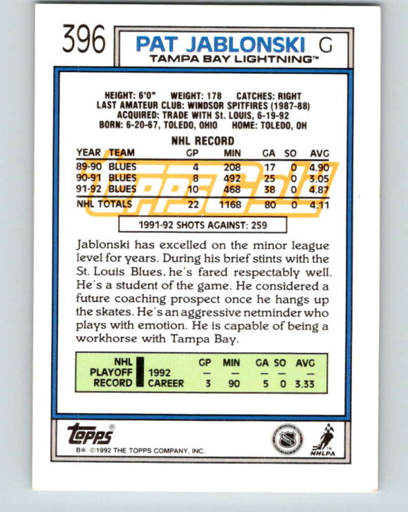 1992-93 Topps Gold #396G Pat Jablonski Mint Tampa Bay Lightning  Image 2