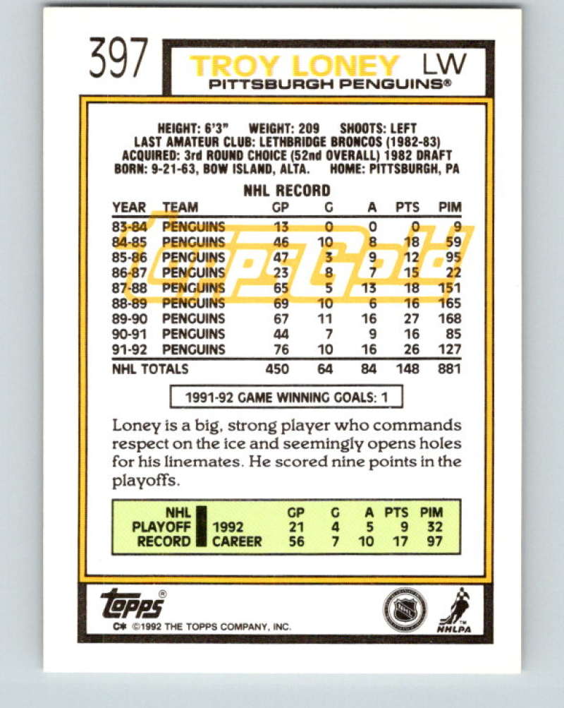 1992-93 Topps Gold #397G Troy Loney Mint Pittsburgh Penguins  Image 2