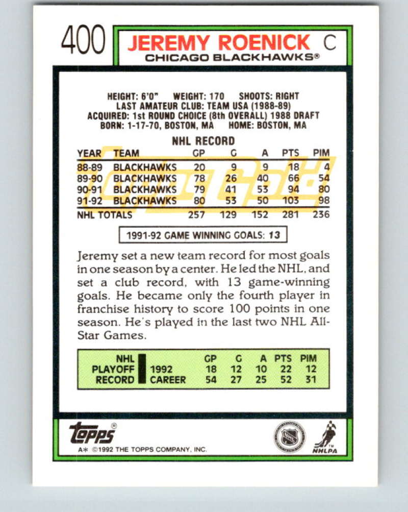 1992-93 Topps Gold #400G Jeremy Roenick Mint Chicago Blackhawks