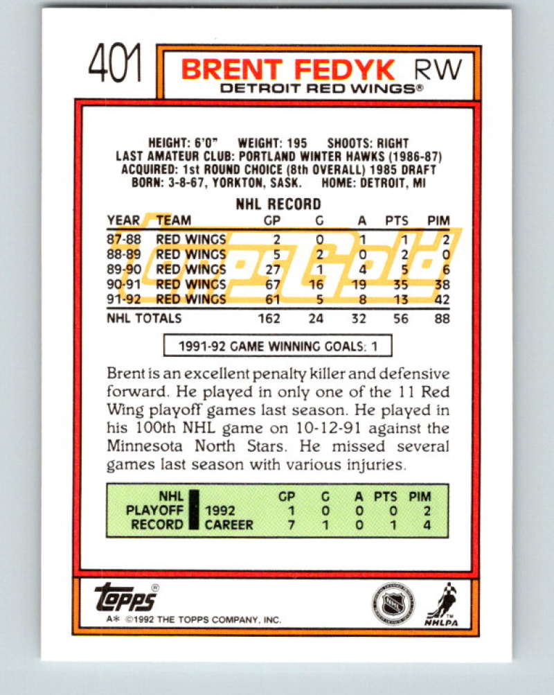 1992-93 Topps Gold #401G Brent Fedyk Mint Detroit Red Wings