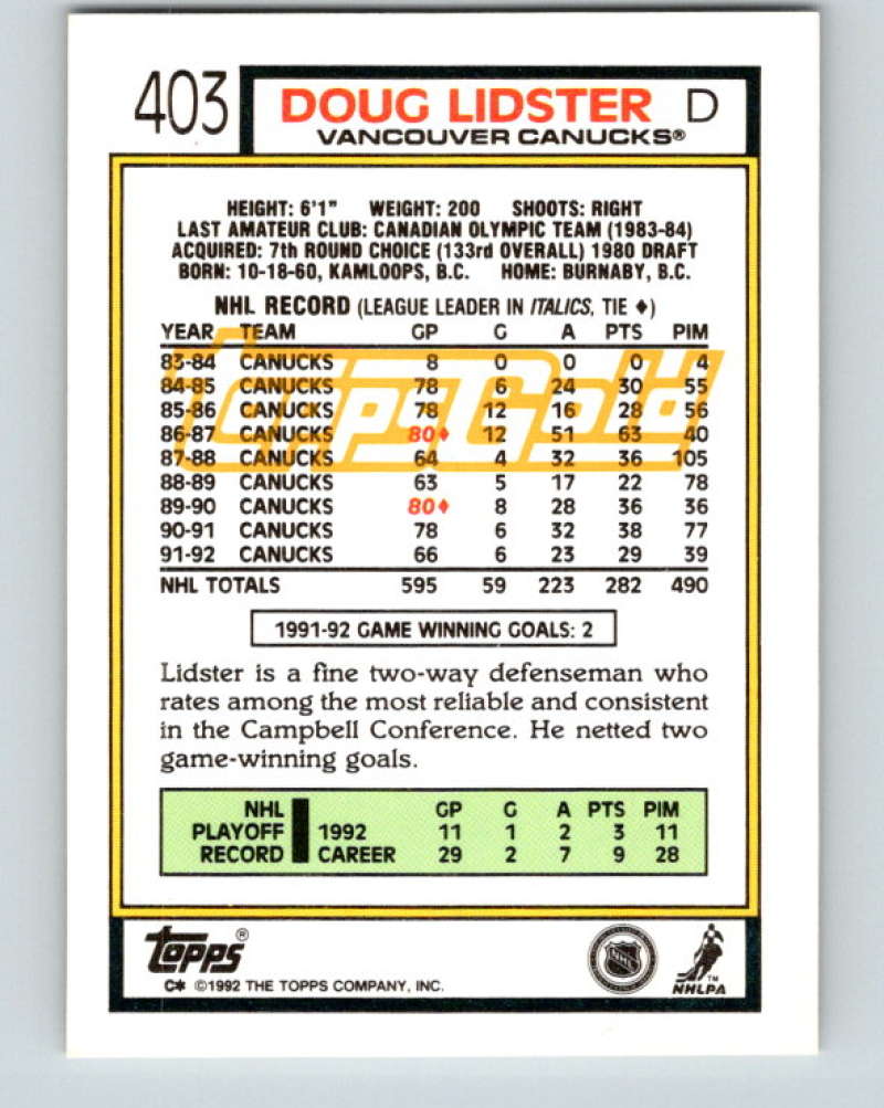 1992-93 Topps Gold #403G Doug Lidster Mint Vancouver Canucks  Image 2