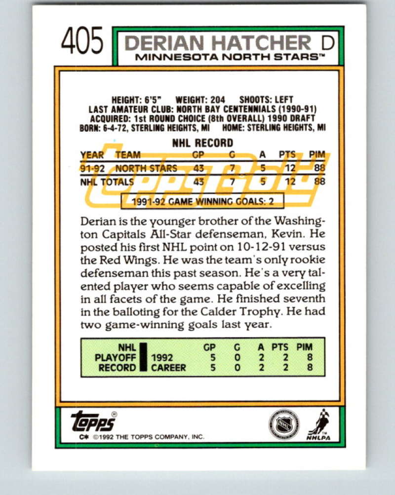 1992-93 Topps Gold #405G Derian Hatcher Mint Minnesota North Stars  Image 2