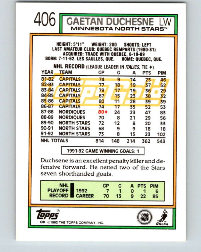 1992-93 Topps Gold #406G Gaetan Duchesne Mint Minnesota North Stars  Image 2