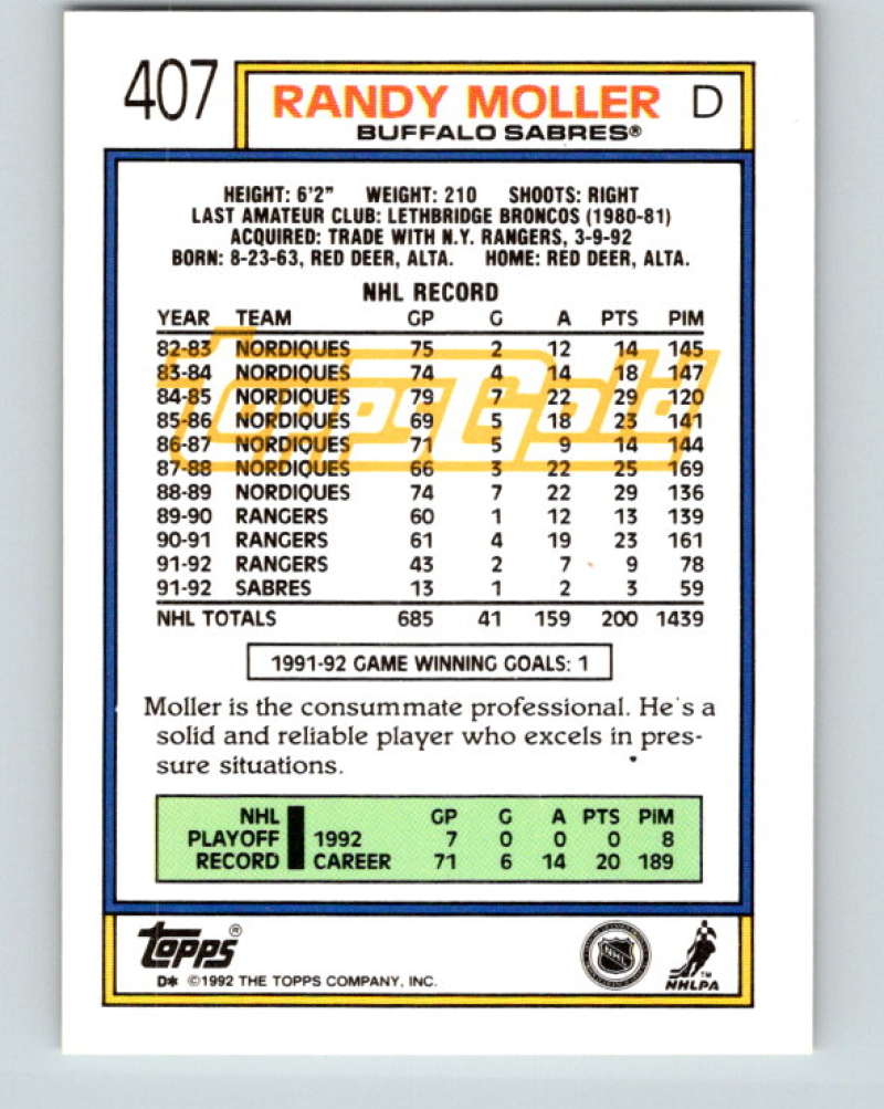 1992-93 Topps Gold #407G Randy Moller Mint Buffalo Sabres