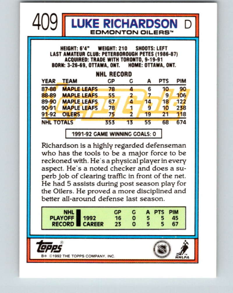 1992-93 Topps Gold #409G Luke Richardson Mint Edmonton Oilers