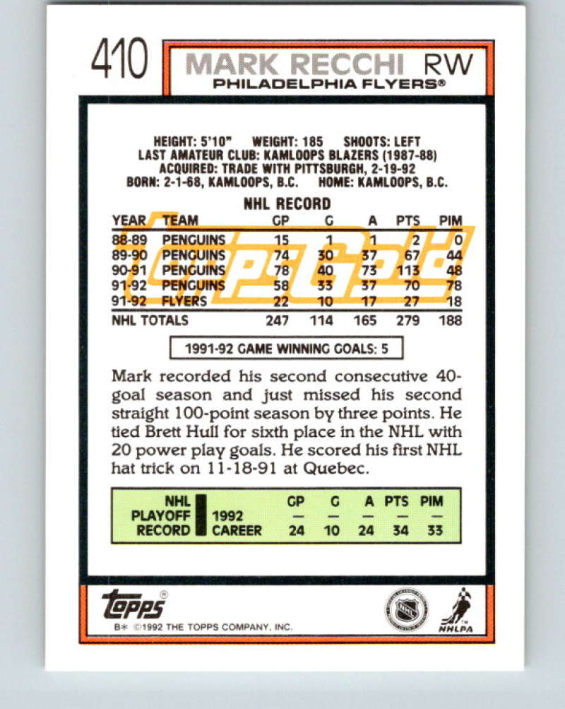 1992-93 Topps Gold #410G Mark Recchi Mint Philadelphia Flyers  Image 2