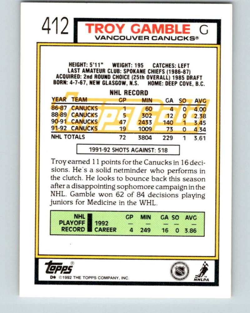 1992-93 Topps Gold #412G Troy Gamble Mint Vancouver Canucks  Image 2