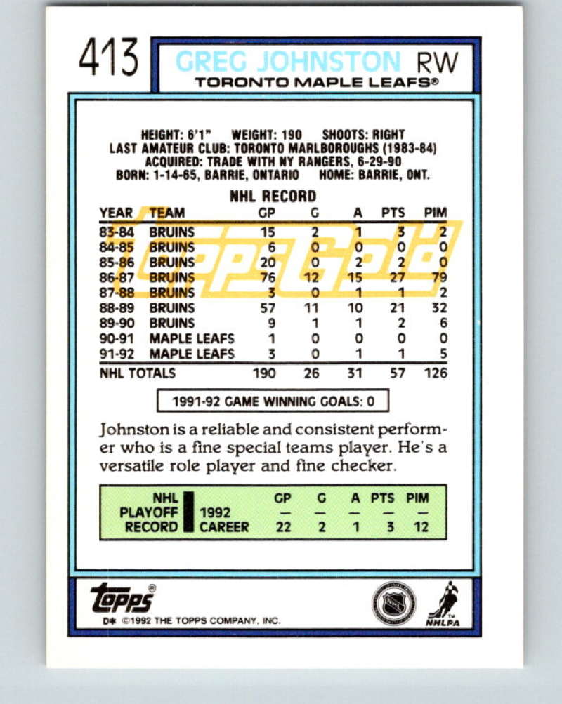 1992-93 Topps Gold #413G Greg Johnston Mint Toronto Maple Leafs