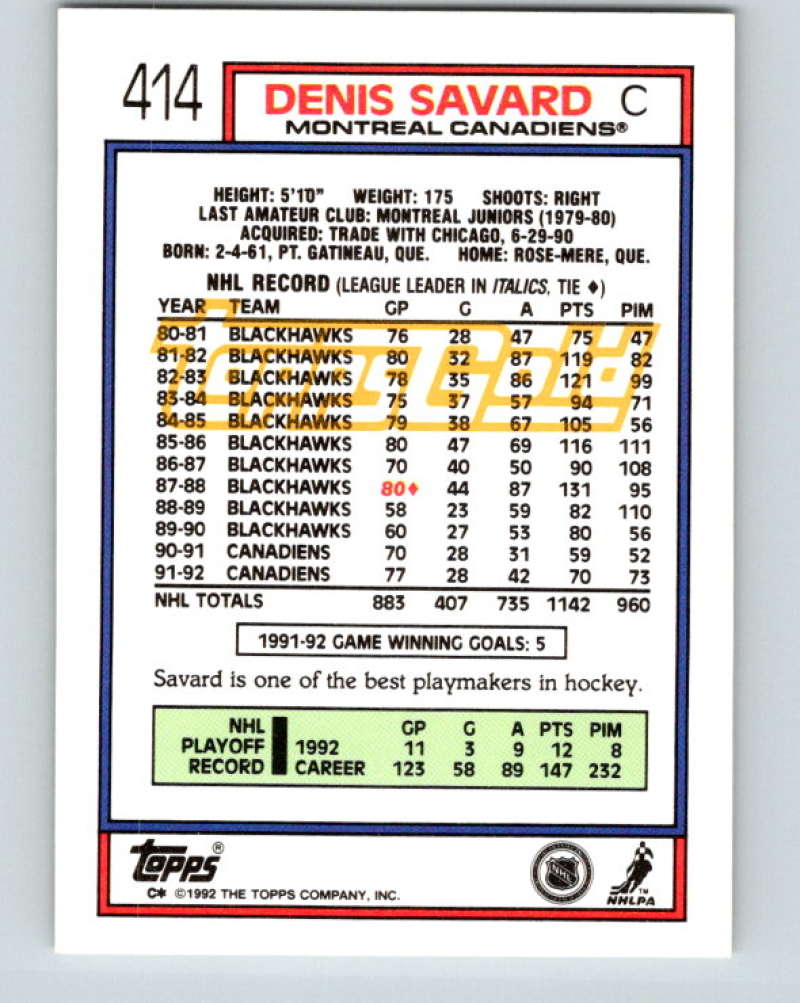 1992-93 Topps Gold #414G Denis Savard Mint Montreal Canadiens  Image 2