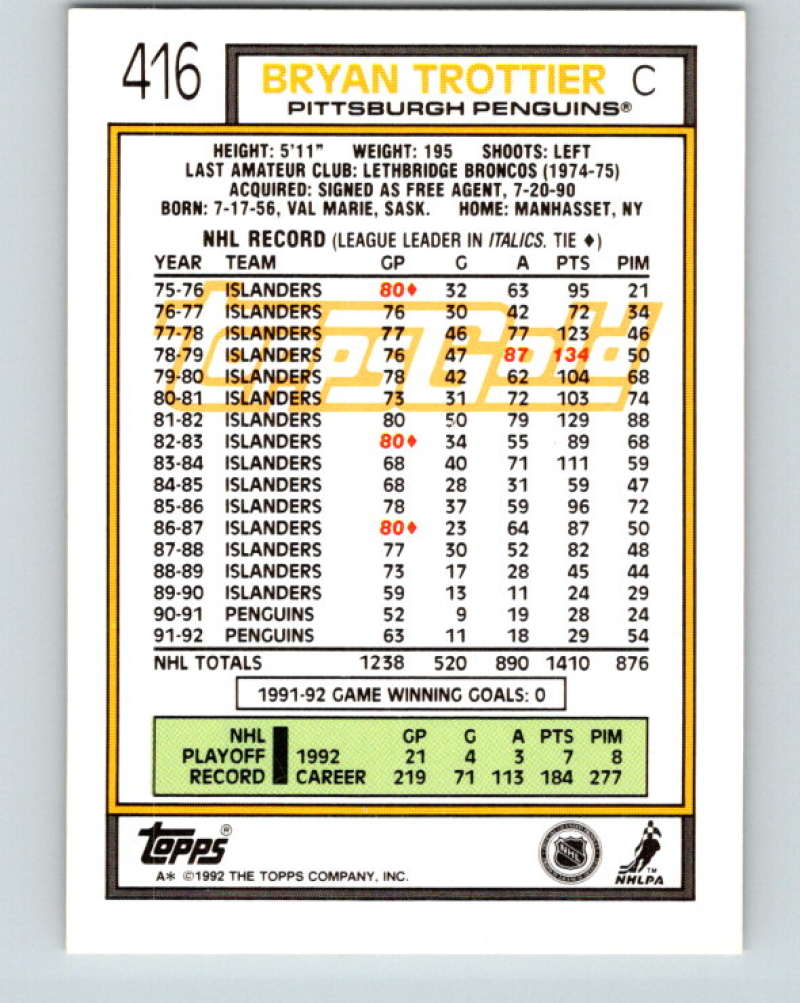 1992-93 Topps Gold #416G Bryan Trottier Mint Pittsburgh Penguins