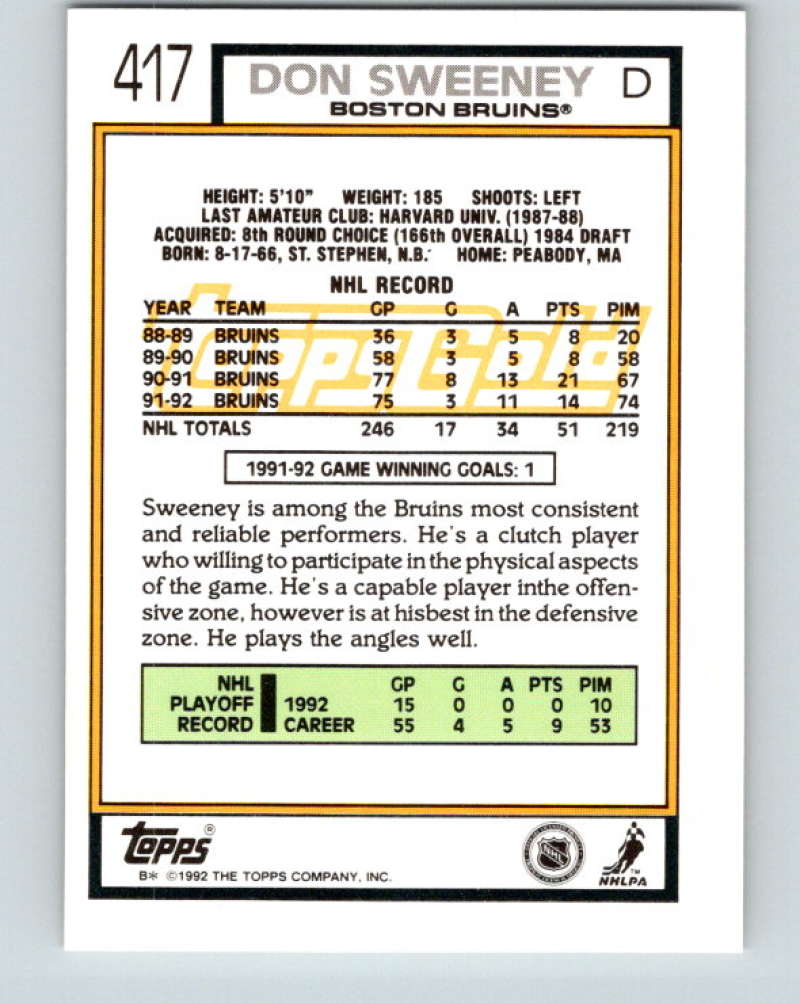 1992-93 Topps Gold #417G Don Sweeney Mint Boston Bruins  Image 2