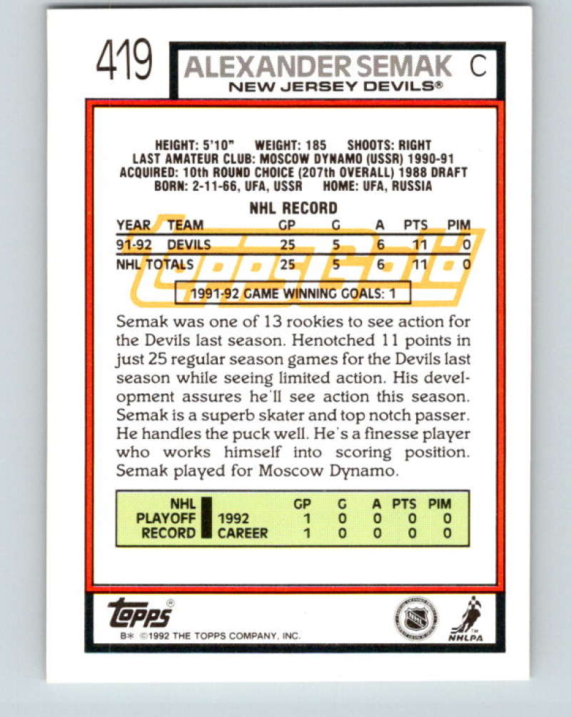 1992-93 Topps Gold #419G Alexander Semak Mint New Jersey Devils