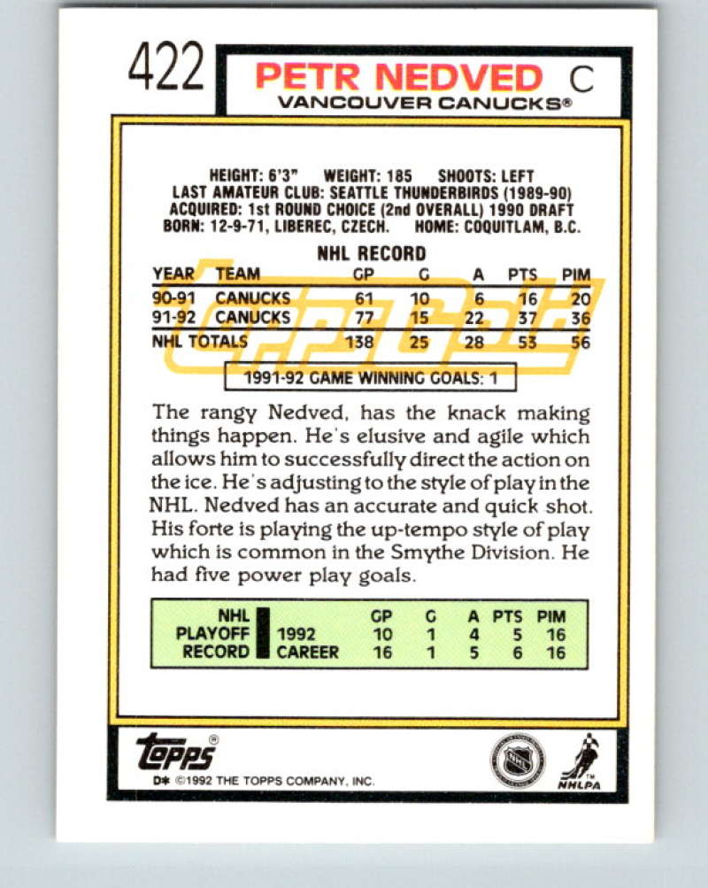 1992-93 Topps Gold #422G Petr Nedved Mint Vancouver Canucks