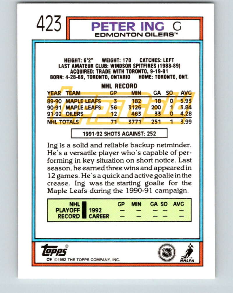 1992-93 Topps Gold #423G Peter Ing Mint Edmonton Oilers