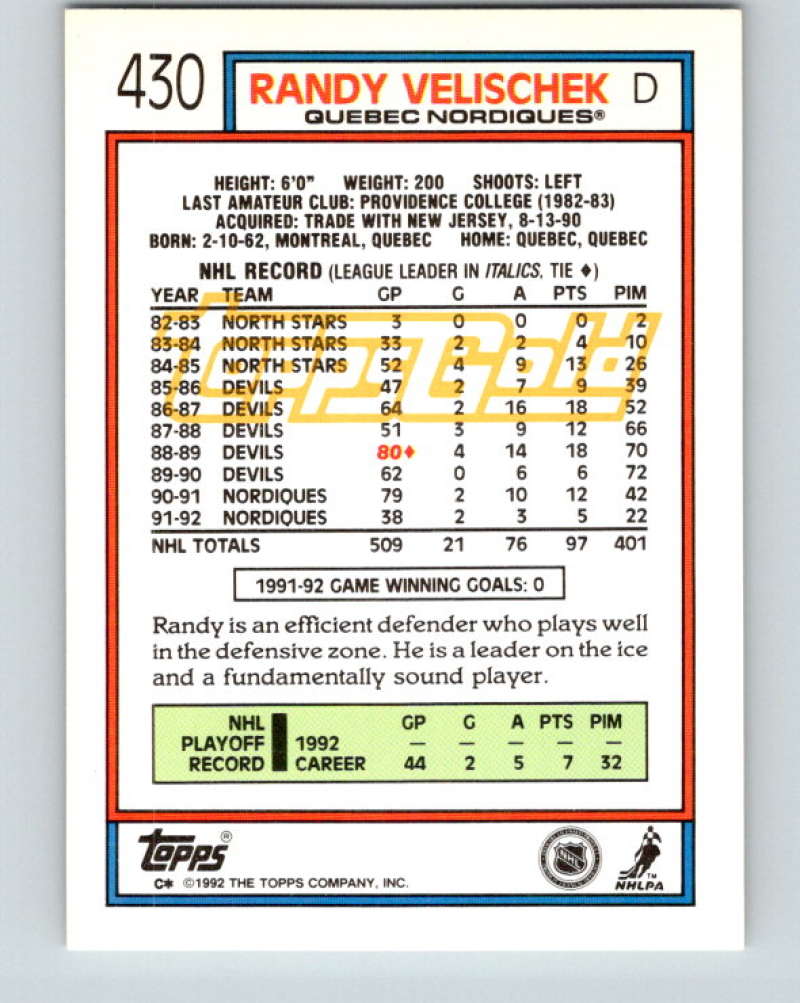 1992-93 Topps Gold #430G Randy Velischek Mint Quebec Nordiques  Image 2