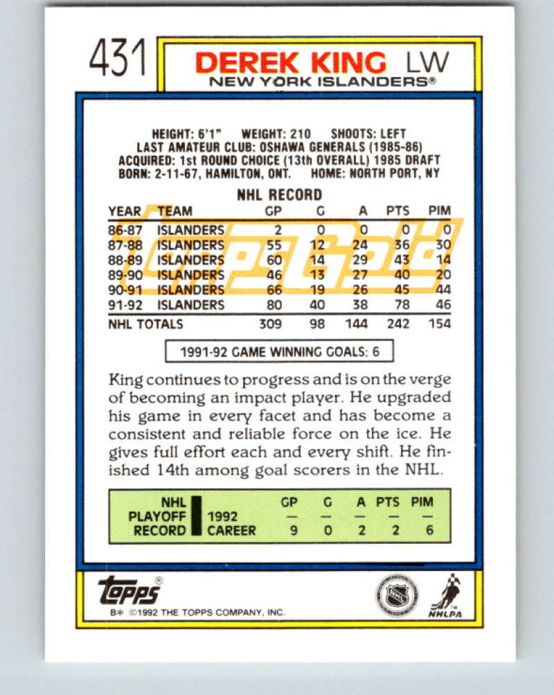1992-93 Topps Gold #431G Derek King Mint New York Islanders