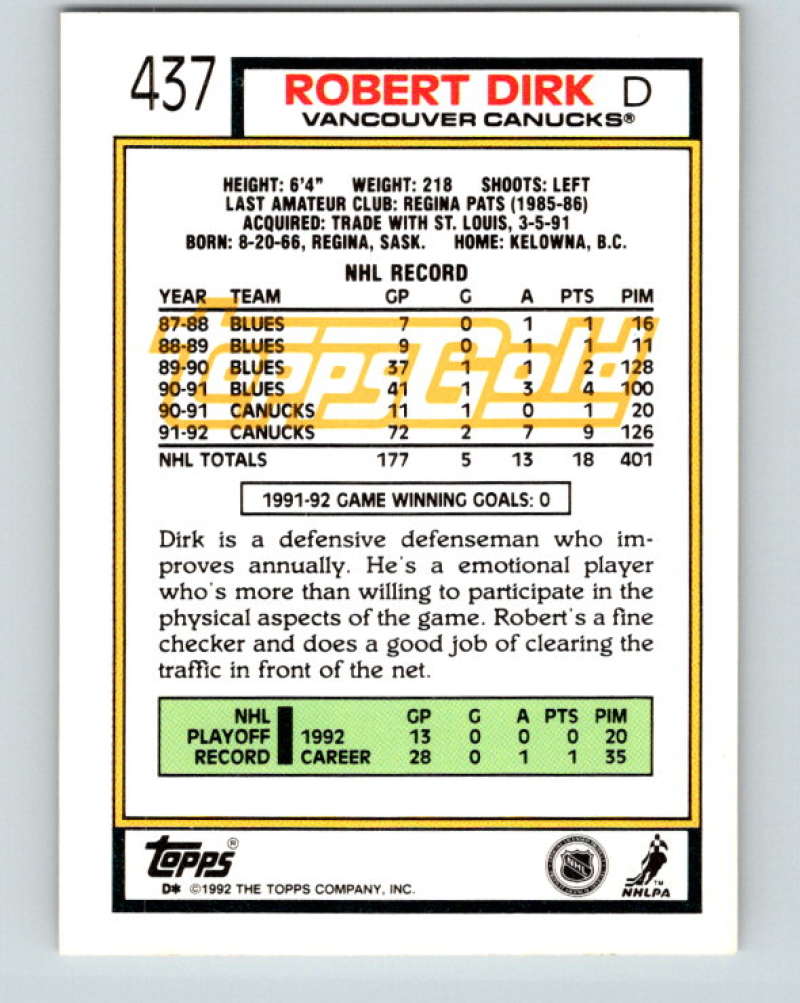 1992-93 Topps Gold #437G Robert Dirk Mint Vancouver Canucks  Image 2