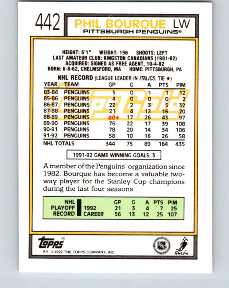 1992-93 Topps Gold #442G Phil Bourque Mint Pittsburgh Penguins