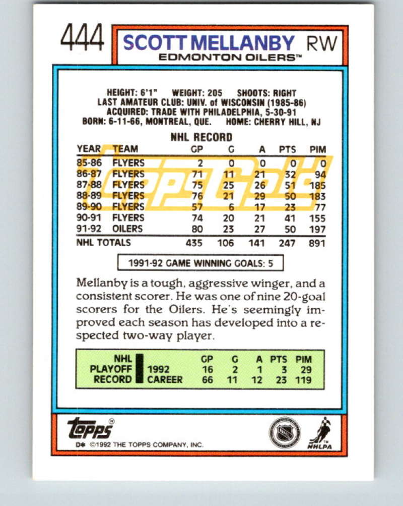 1992-93 Topps Gold #444G Scott Mellanby Mint Edmonton Oilers  Image 2