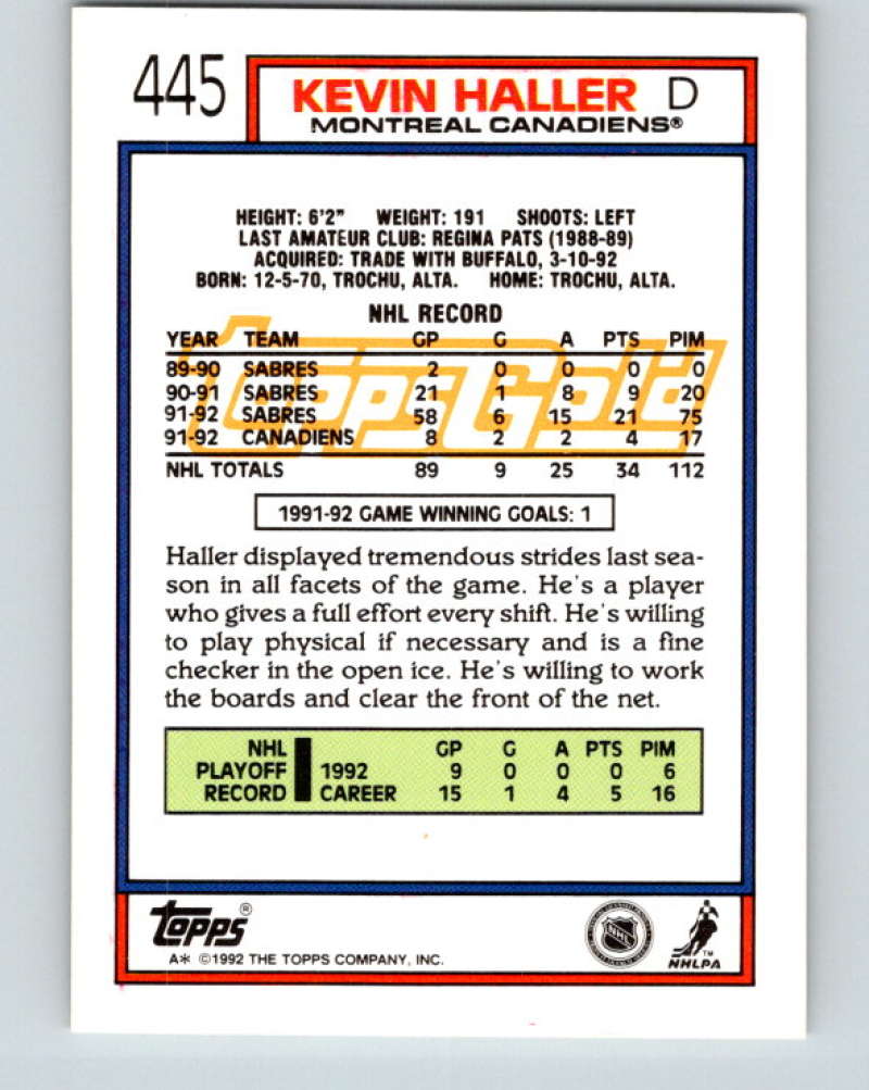 1992-93 Topps Gold #445G Kevin Haller Mint Montreal Canadiens