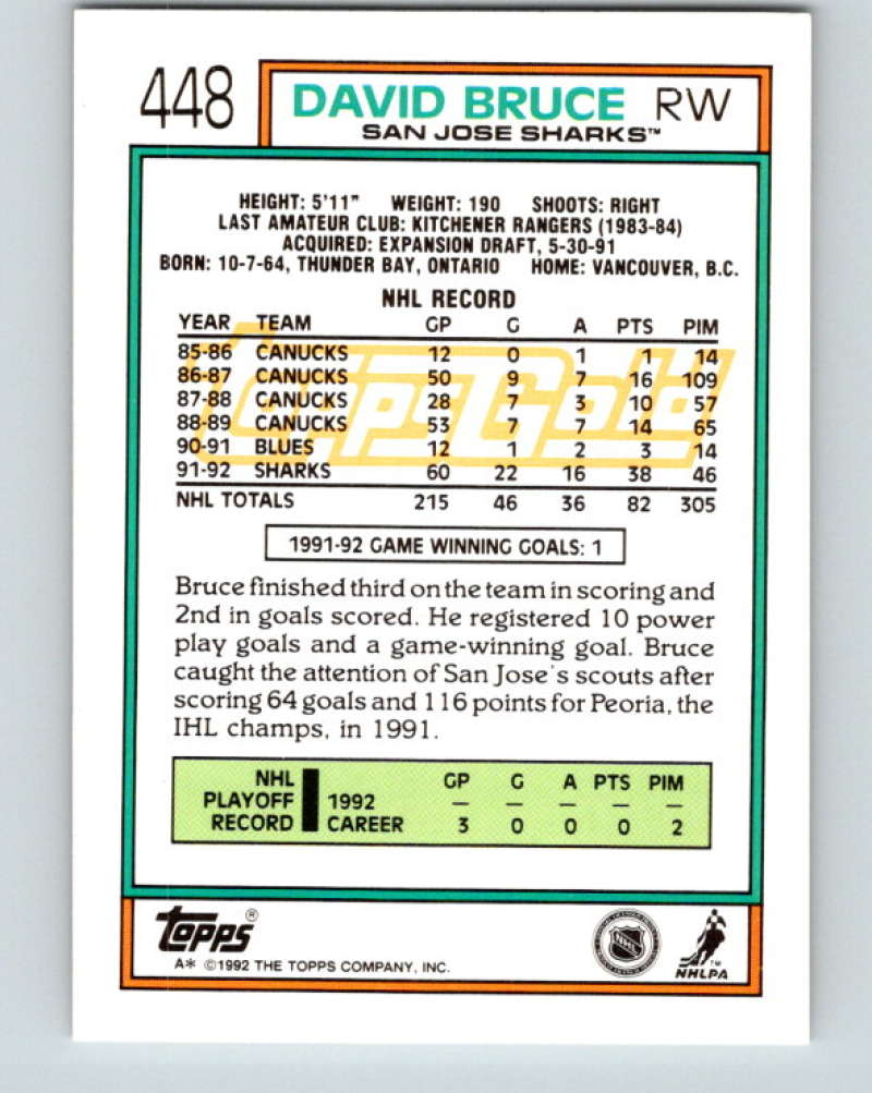 1992-93 Topps Gold #448G David Bruce Mint San Jose Sharks