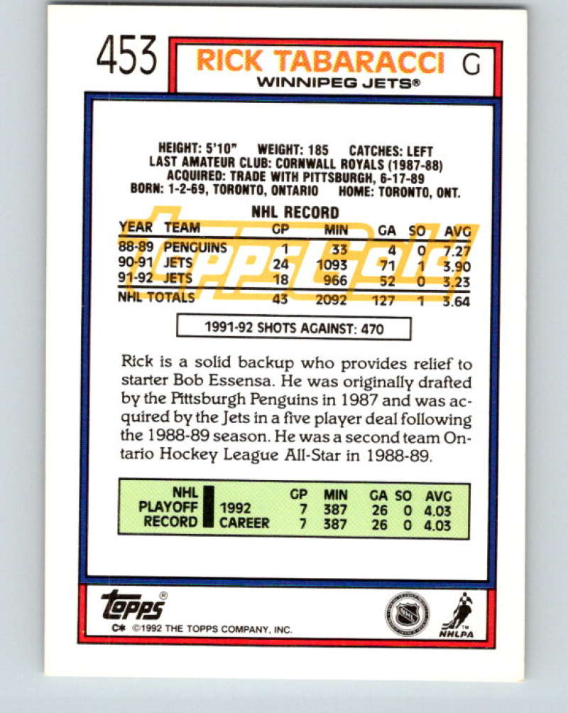 1992-93 Topps Gold #453G Rick Tabaracci Mint Winnipeg Jets  Image 2