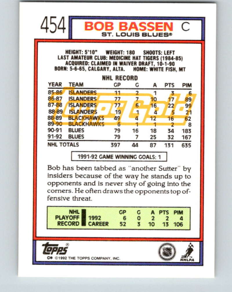1992-93 Topps Gold #454G Bob Bassen Mint St. Louis Blues