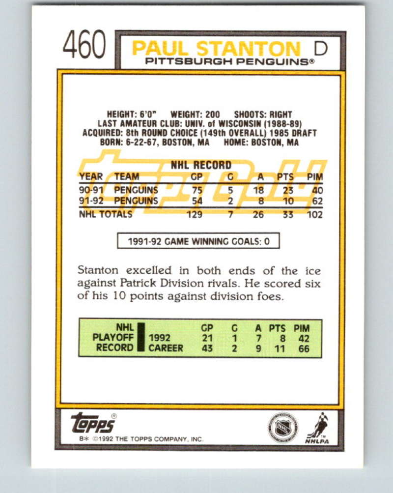 1992-93 Topps Gold #460G Paul Stanton Mint Pittsburgh Penguins  Image 2