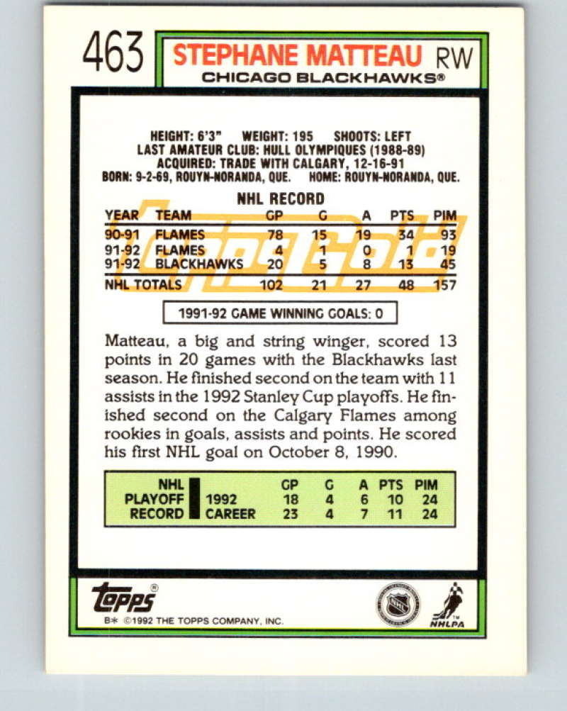 1992-93 Topps Gold #463G Stephane Matteau Mint Chicago Blackhawks