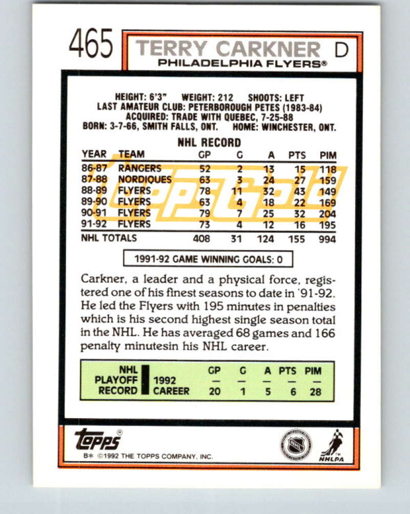 1992-93 Topps Gold #465G Terry Carkner Mint Philadelphia Flyers  Image 2
