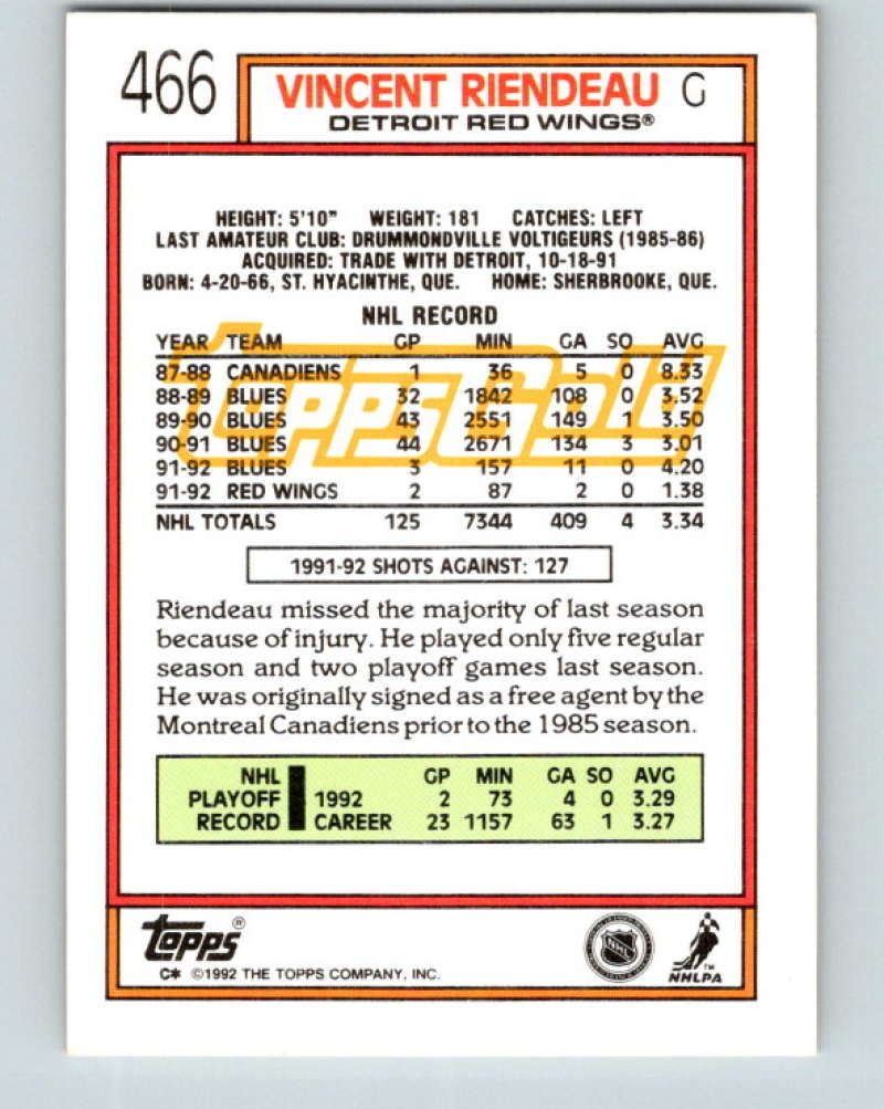 1992-93 Topps Gold #466G Vincent Riendeau Mint Detroit Red Wings