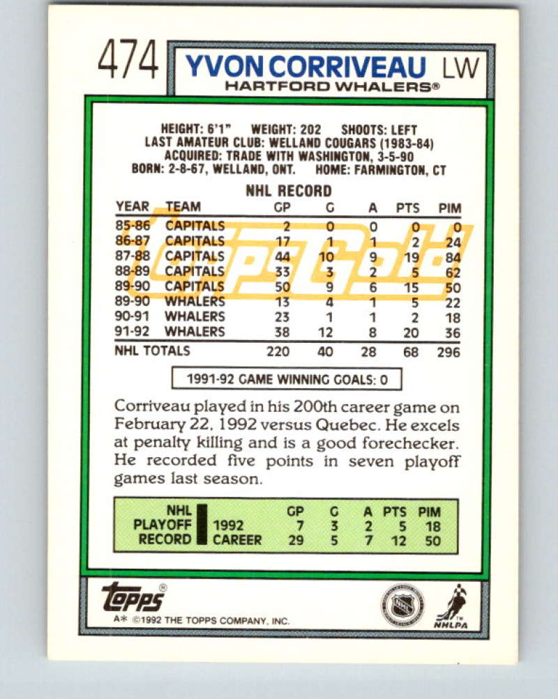 1992-93 Topps Gold #474G Yvon Corriveau Mint Hartford Whalers