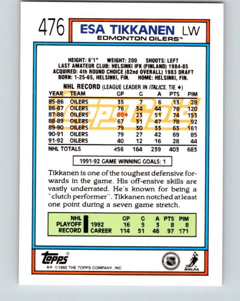 1992-93 Topps Gold #476G Esa Tikkanen Mint Edmonton Oilers
