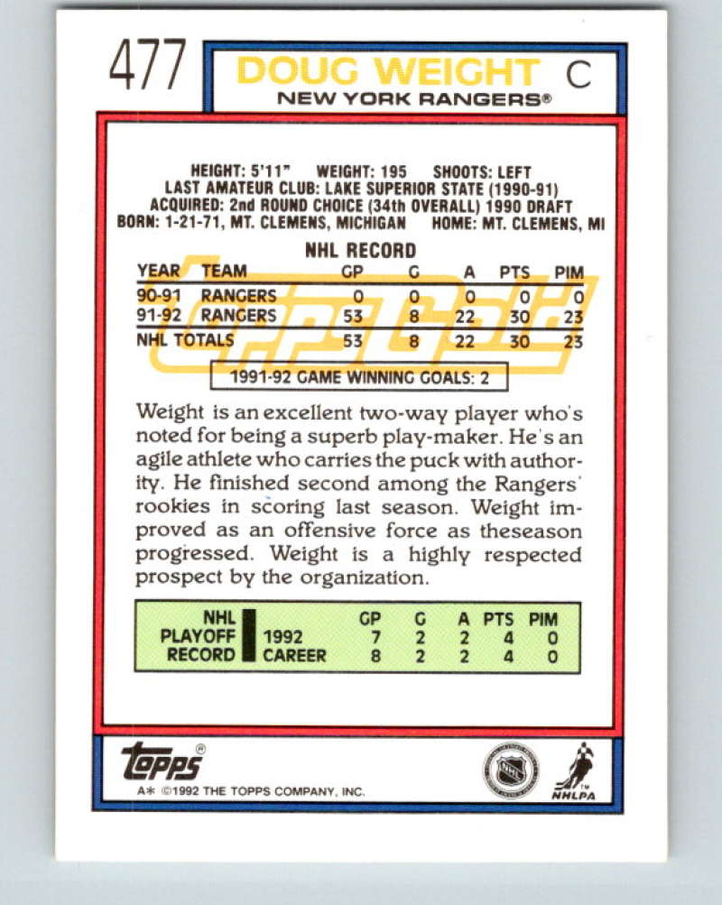 1992-93 Topps Gold #477G Doug Weight Mint New York Rangers  Image 2