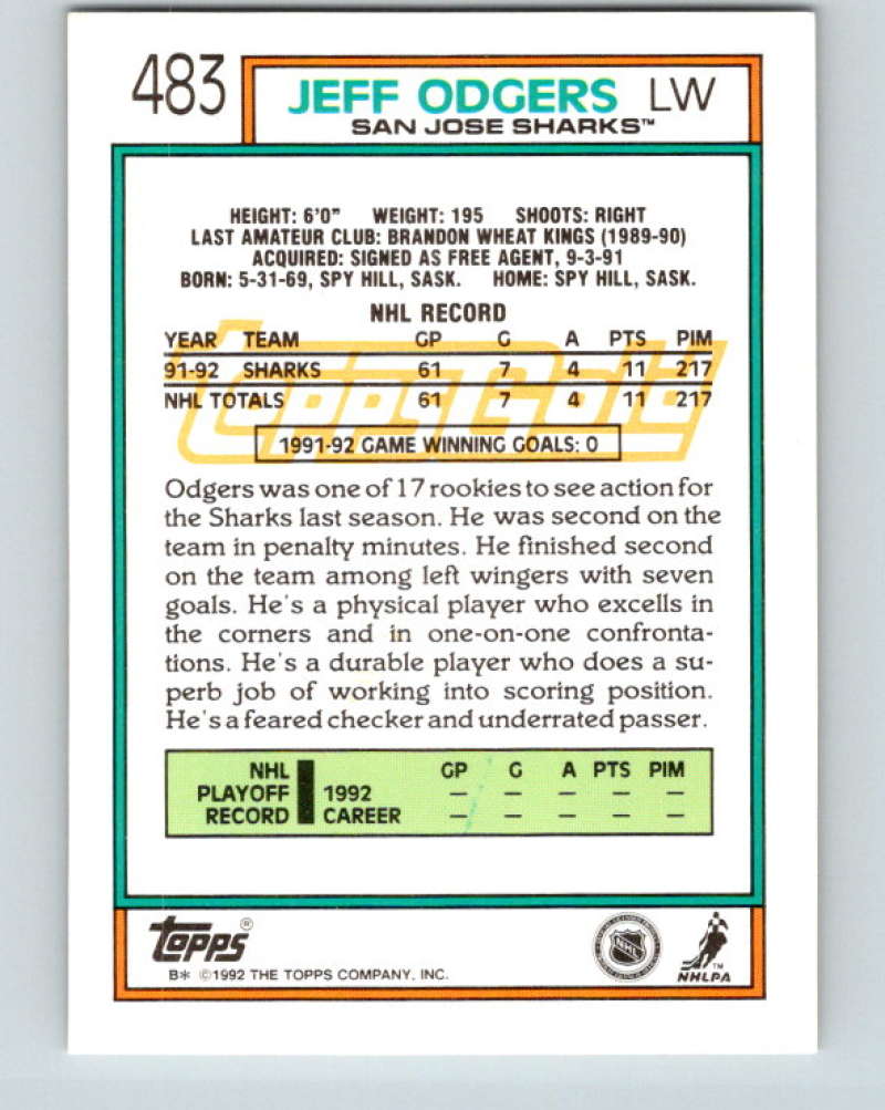 1992-93 Topps Gold #483G Jeff Odgers Mint San Jose Sharks