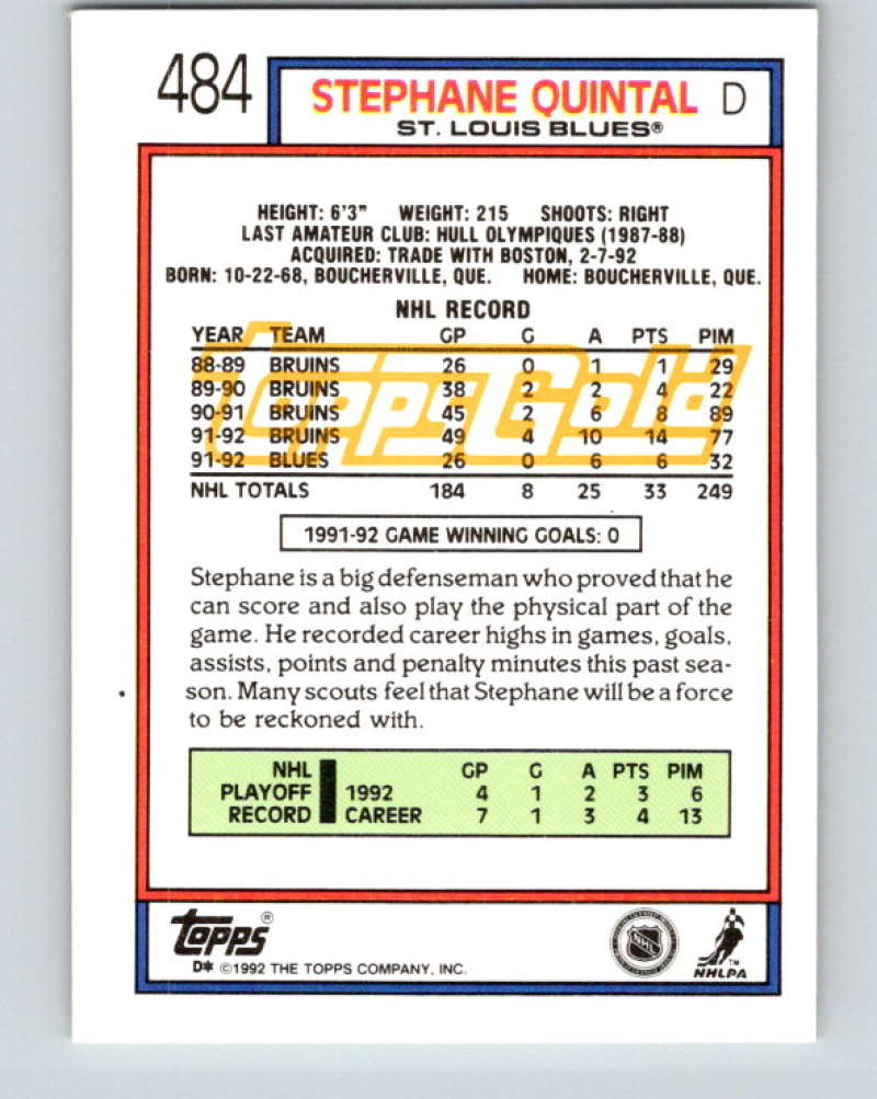 1992-93 Topps Gold #484G Stephane Quintal Mint St. Louis Blues