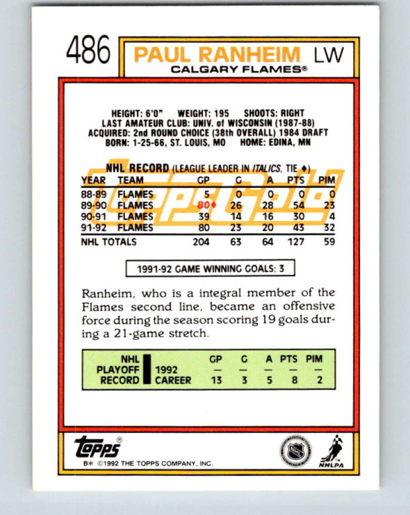 1992-93 Topps Gold #486G Paul Ranheim Mint Calgary Flames