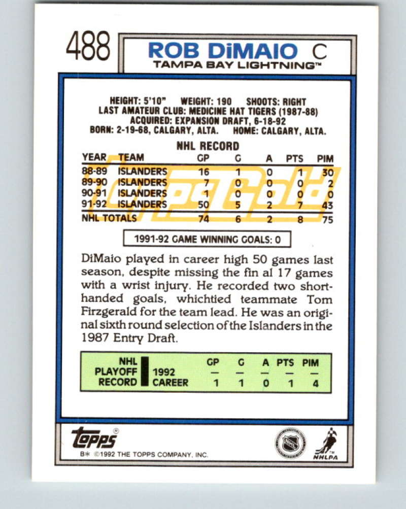 1992-93 Topps Gold #488G Rob DiMaio Mint New York Islanders  Image 2